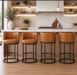 Set of 4 Leather Counter Stools with Metal Base