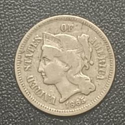 1865 VF/F+ Nickel 3 Cent with Die Clash Error 