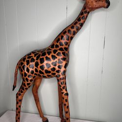 Leather Wrapped Giraffe African Folk Art Decor 32" 