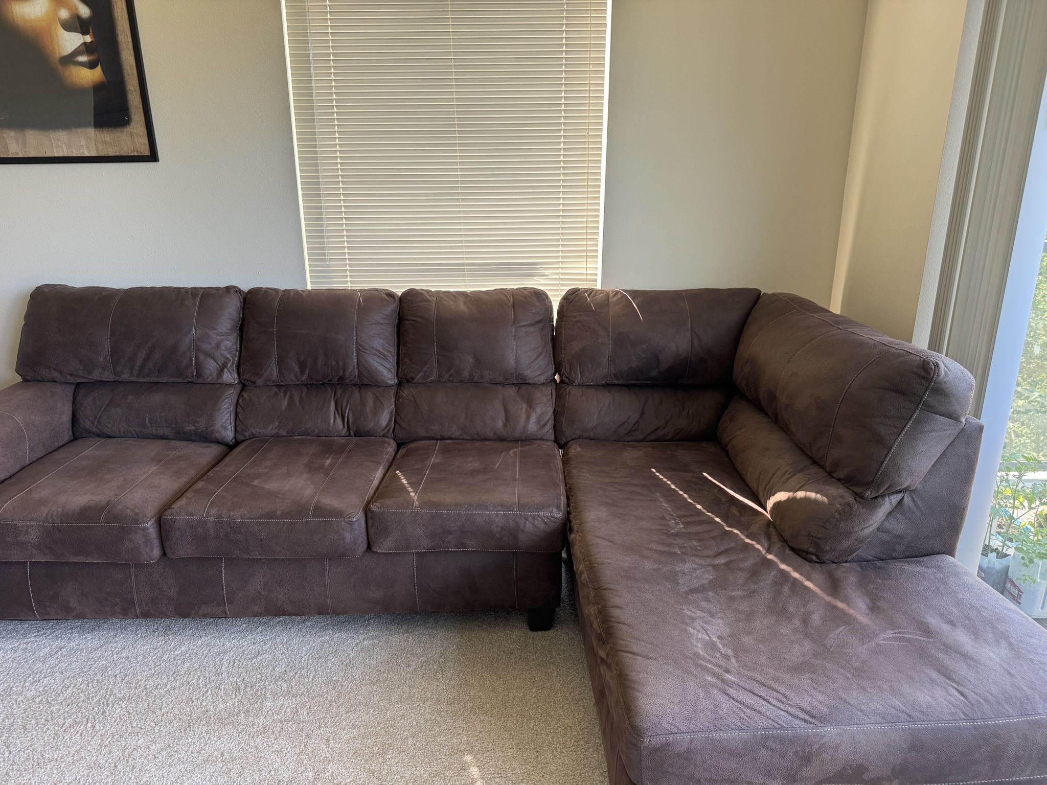 Large, Comfy Brown Sectional Sofa with Chaise Lounge