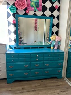 Teal dresser with mirror
