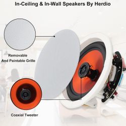 Herdio 6.5'' Bluetooth in Wall in Ceiling Speakers 600W 2-Way Flush Mount Speakers System with Wall Amplifier Receiver for Home Theater Office Bathroo