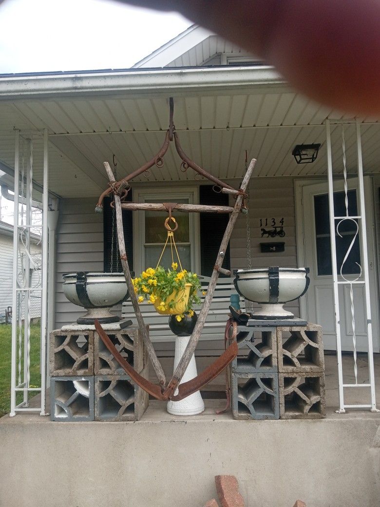 Antique Farm Implement Flower Basket Hanger 
