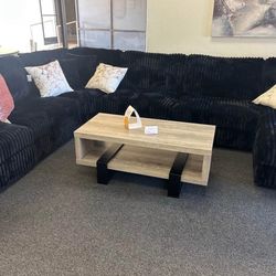 Sectional In Black Corduroy 