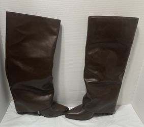 Modatope Brown Shark Knee High Boots for Women Chunky Heel Fold Over Boots Pointed Toe Tall Boots Zipper Long Boots Size 6.5