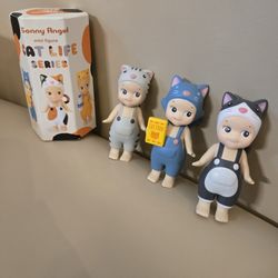 Lot Of 3 Sonny Angel Cat Life Series Silver Tabby Tuxedo Bluish Gray Cat Food Toy Decor