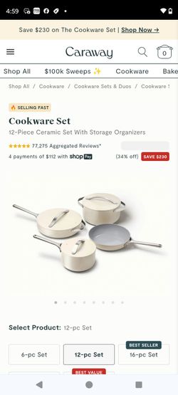 New in box Caraway 12 pc essential cookware in creme