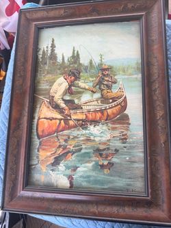 Vintage Framed Fishing Canoe Print