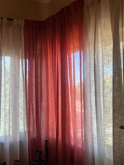 Sheer Linen Curtain Panels Red and White