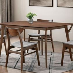 Brand New Walnut & Beige Mid Century Modern Style 5pc Dining Table Set