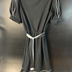 Vtg Pin Up Rockabilly Belted Black Polka Dot Dress Fit Flare Retro Sml Swing USA  Size Tag missing - Please see pics for measurements.  Flat Lay:  Che