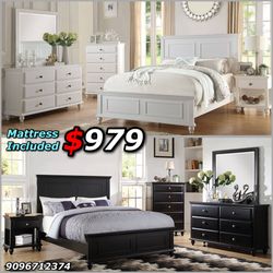 4pcs Queen Size Bedroom Set w. Mattress Included 