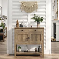 Farmhouse Console Table with Drawer for Entrance Hall, 2 Door and 2 Drawers Wood Foyer Table Coffee Bar