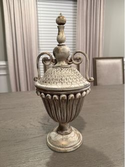 Vintage Vase/Jar Urn With Distressed Weathered Finish and Metal Scroll Design