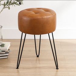 Faux Leather Vanity Stool Chair for Makeup Room，Brown Stool for Vanity, 19” Height, Tufted Small Vanity Chair Stool with Metal Legs