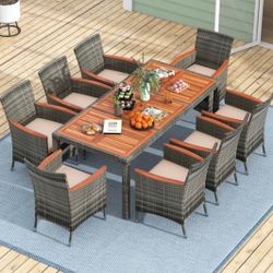 9pc Outdoor Dining Table Patio Furniture With Acacia Wood Tabletop