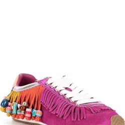 Kurt Geiger London Islington Suede Beaded Tassel Fringe Sneakers Fuschia-7.5 New