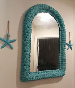 Teal Wicker Arched Wall Mirror