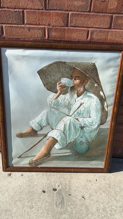Purchased in Sydney Australia years ago Vintage Framed Oil Painting of Elder Man with Conical Hat
