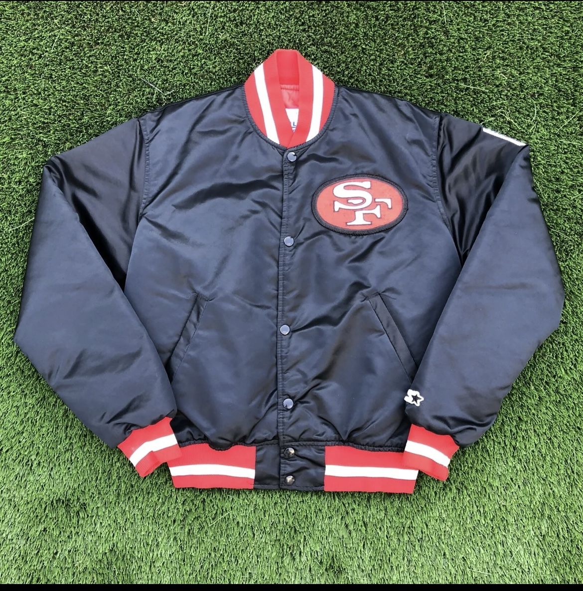 Vintage STARTER SF San Francisco 49ers Black Satin Jacket ADULT SMALL.