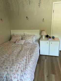 White bed Headboard with frame and nightstand