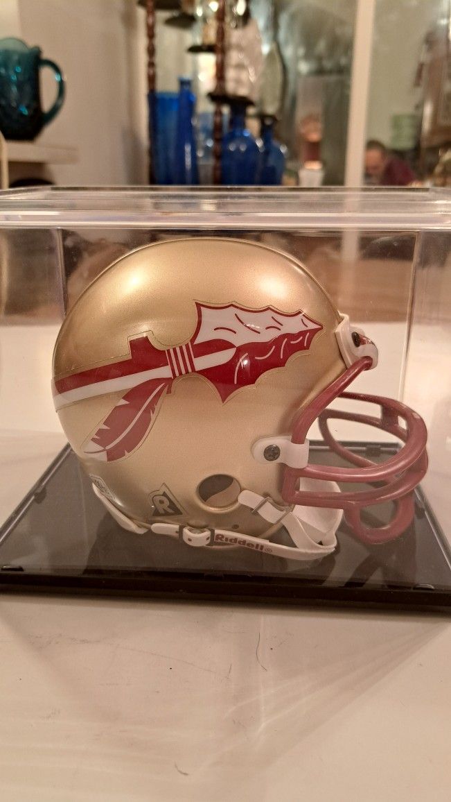 Collectible Florida State Seminoles Mini College Football Helmet Inside Of Display Case By Riddell Size 1/2 Scale Not For Wearing In Mint Condition