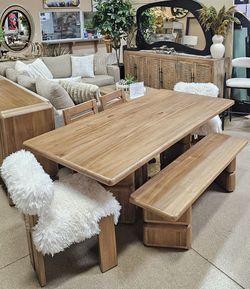 New Modern 6pc Contemporary Acacia wood Dining Set with double pedestal table