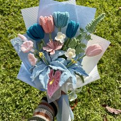 Crochet blue lilies and pink tulips bouquet