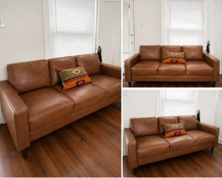 CAMEL FAUX LEATHER SOFA — EXCELLENT CONDITION
