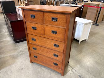 BASSETT Wooden 5 Drawer Mission Style Dresser with Black Metal Pulls