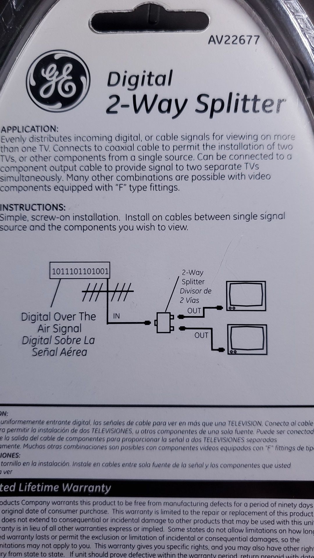 GE DIGITAL 2-WAY SPLITTER / ULTRA PROGRADE AV22677