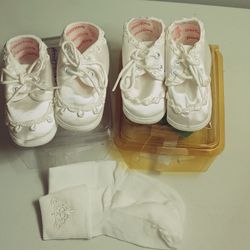 2 Pair Of Baby Shoes Size 2 And 1 Pair Of Socks