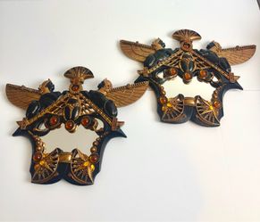 Egyptian Revival Mirrored Wall Sculptures Set of 2 Black Gold Resin Decor