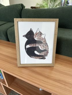 Cute Cat Art + Wooden Frame