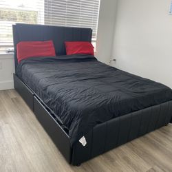 Full Sized Black LED Light Up Bed With Drawers & 10” Plush Memory Foam Mattress