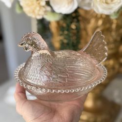 Vintage Indiana Glass Pink Hen on Nest (Nesting Hen)
