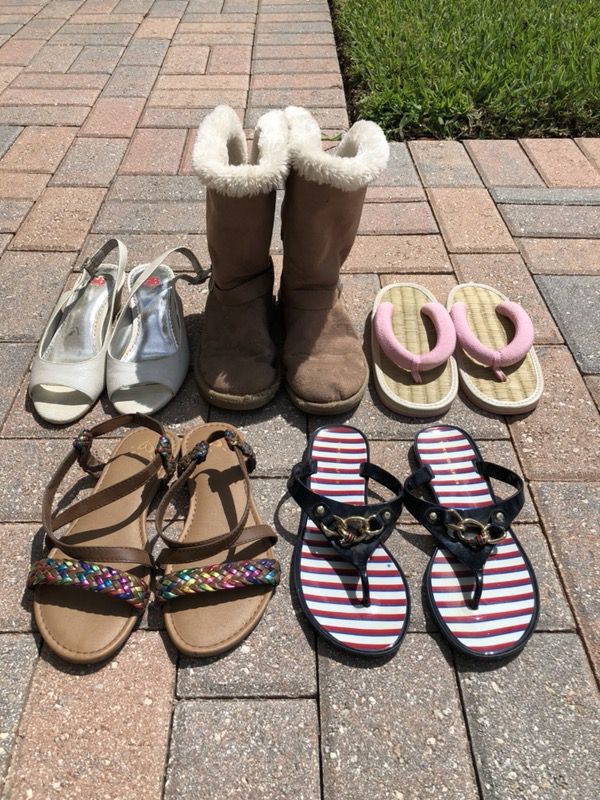 6 pairs of girls sandals, boots, heels.. Justice, Tommy Hilfiger