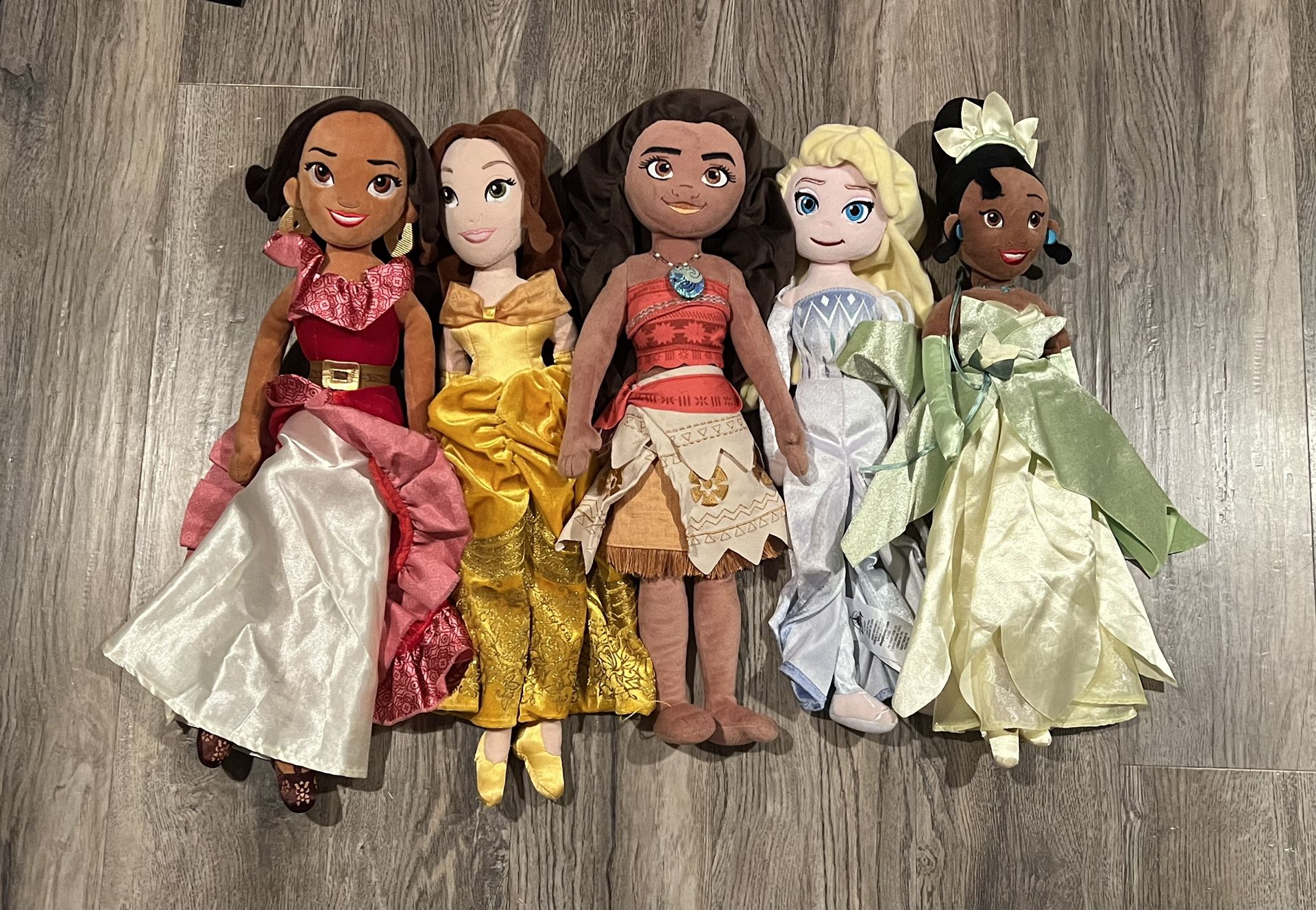 Lot of 5 Disney Plush Dolls. Elena, Moana, Belle, Tiana, and Elsa.