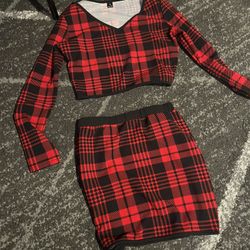 Two piece red plaid skirt outfit