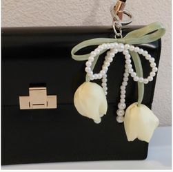 Tulip Keychain Faux Pearl Bow Hanging Charm Bag Accessory Yellow
