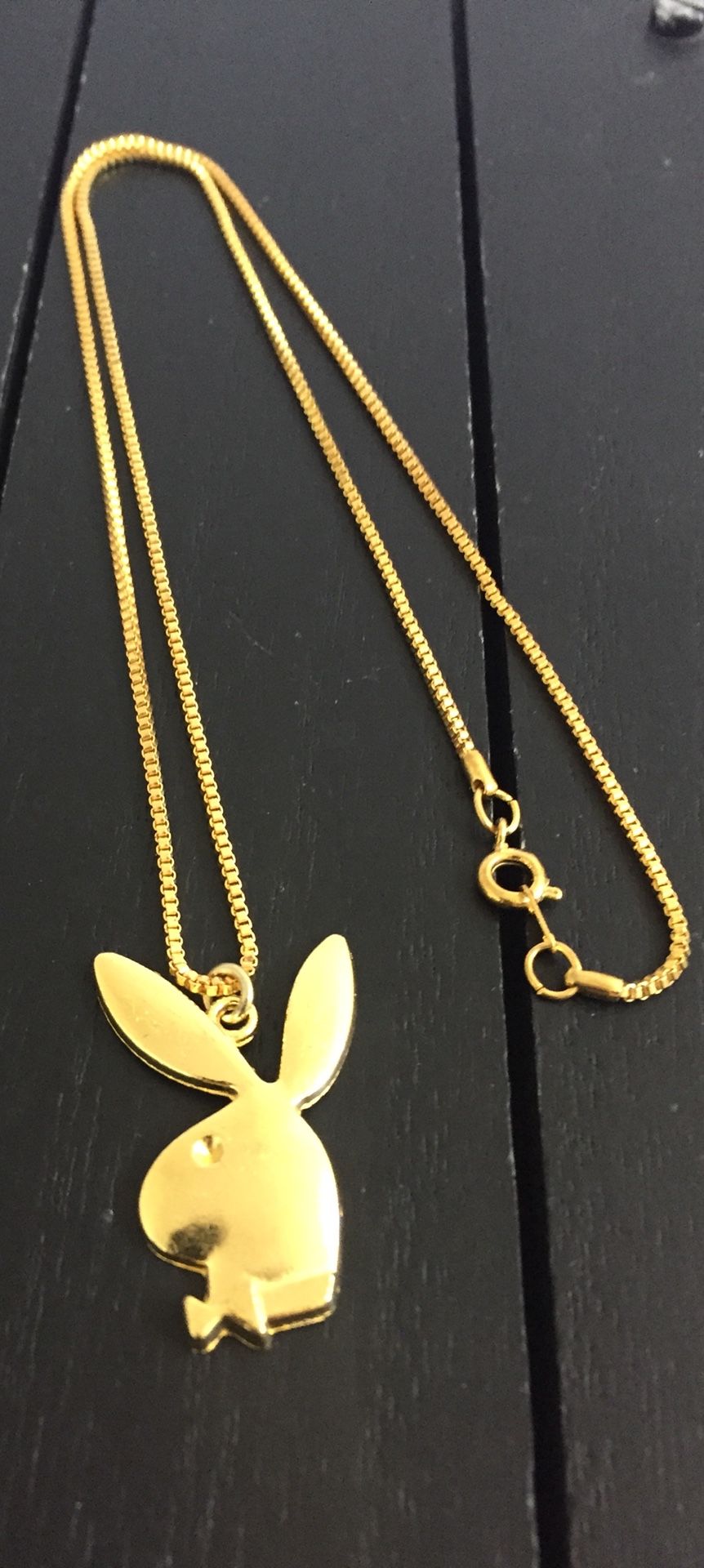 20” 18K Gold Plated Box Chain Necklace with Playboy Bunny Pendant