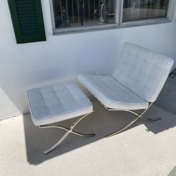Barcelona Lounge Chair And Ottoman Mid Century Modern Used White Leather 