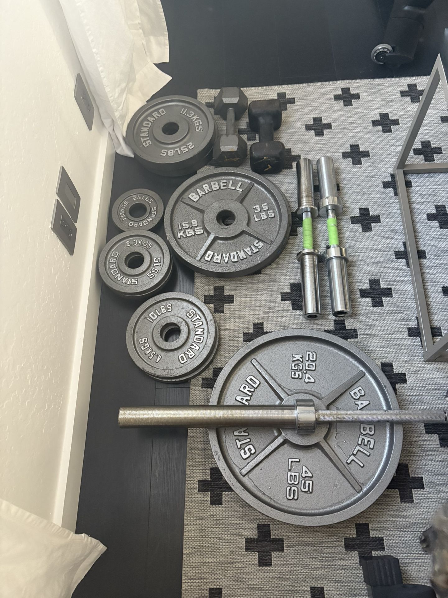 Barbell Standard 300lb Olympic Weight Set- 255lbs of weights + 45lb 7ft bar + Dumbbell Handles + Squat rack + Bench