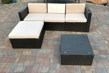 5 Pieces Patio Furniture set All-Weather Outdoor Wicker Sectional Conversation Sofa Rattan patio seating sofa with cushion and Glass Table and Ottoman