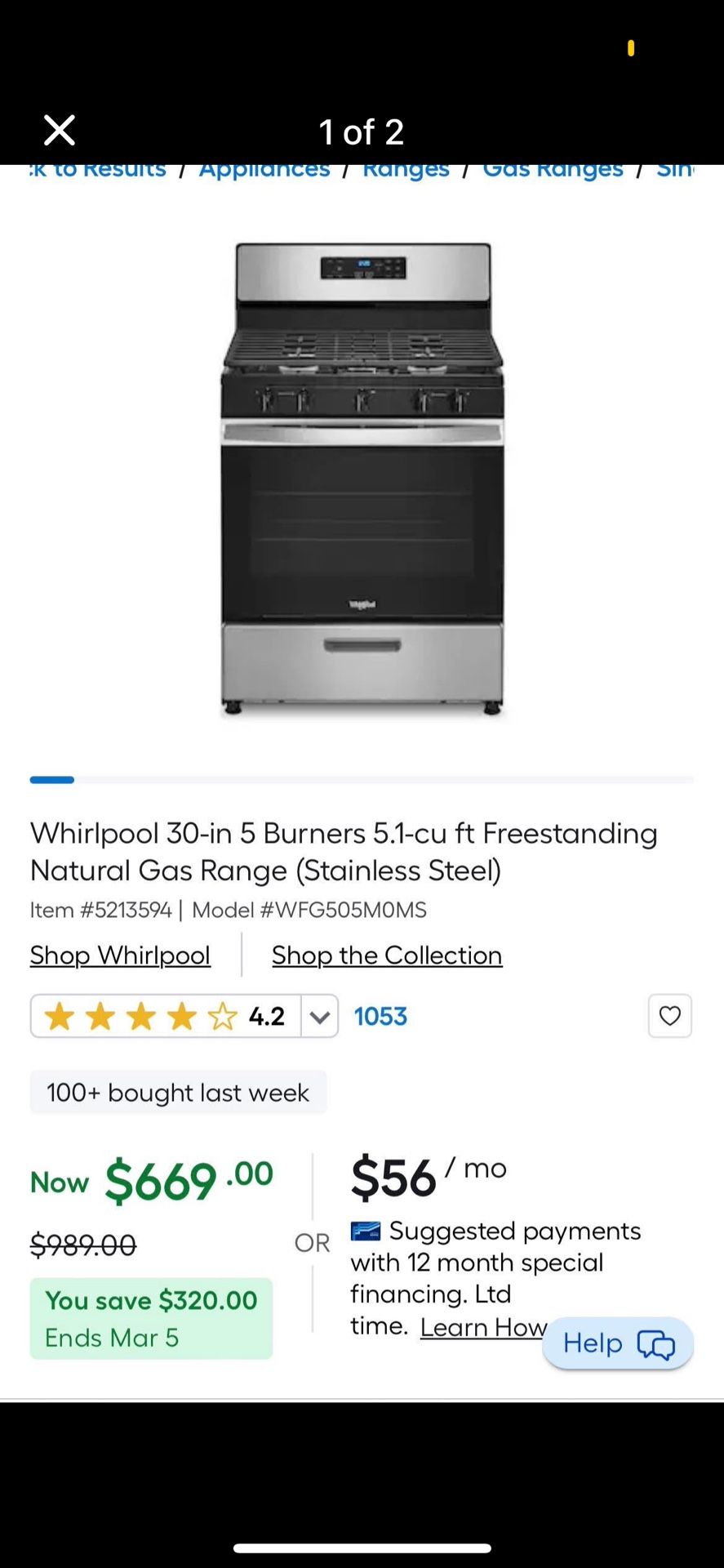 Whirlpool 30in 5burner Gas Range