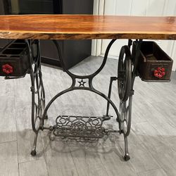 Vintage Domestic Iron Sewing Table with Solid Red Hardwood Top 