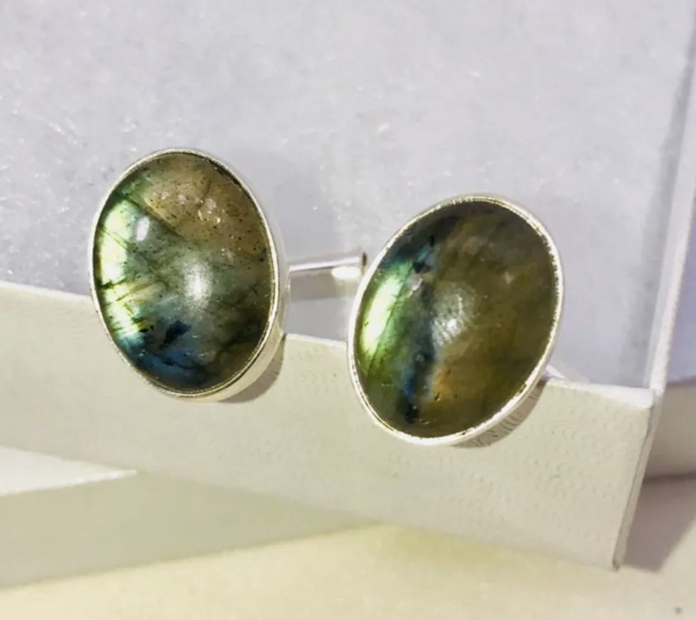 Natural fiery green Labradorite large oval stones & .925 stamped sterling silver cuff links NEW!