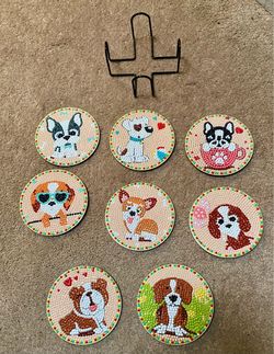 Diamond Art Handmade Wooden DOG Puppy Drink Coasters Cork Back