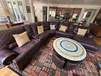 Large Brown Leather Reclining Sectional Sofa with Cup Holders