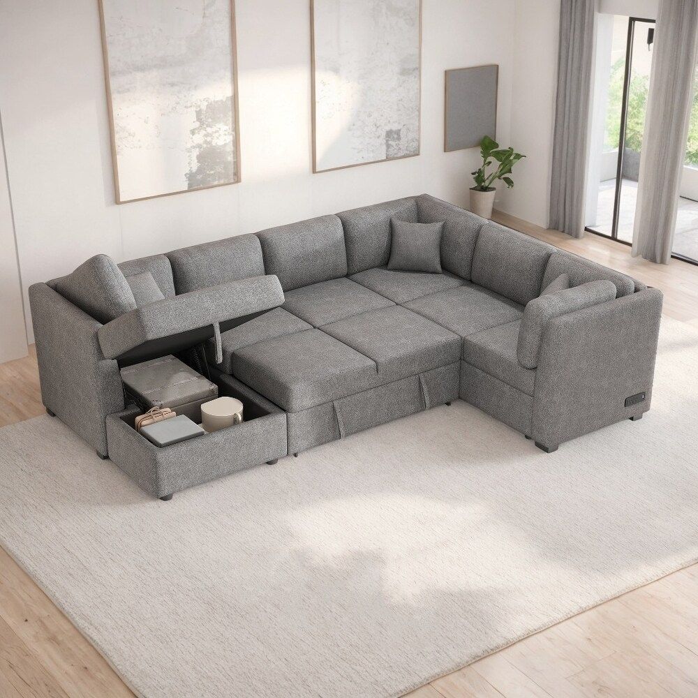 108" Gray Chenille U-Shaped Sectional Sofa w/ Pull-Out Sleeper / Storage Chaise & USB / Power Ports [NEW] **Retails for $1800+